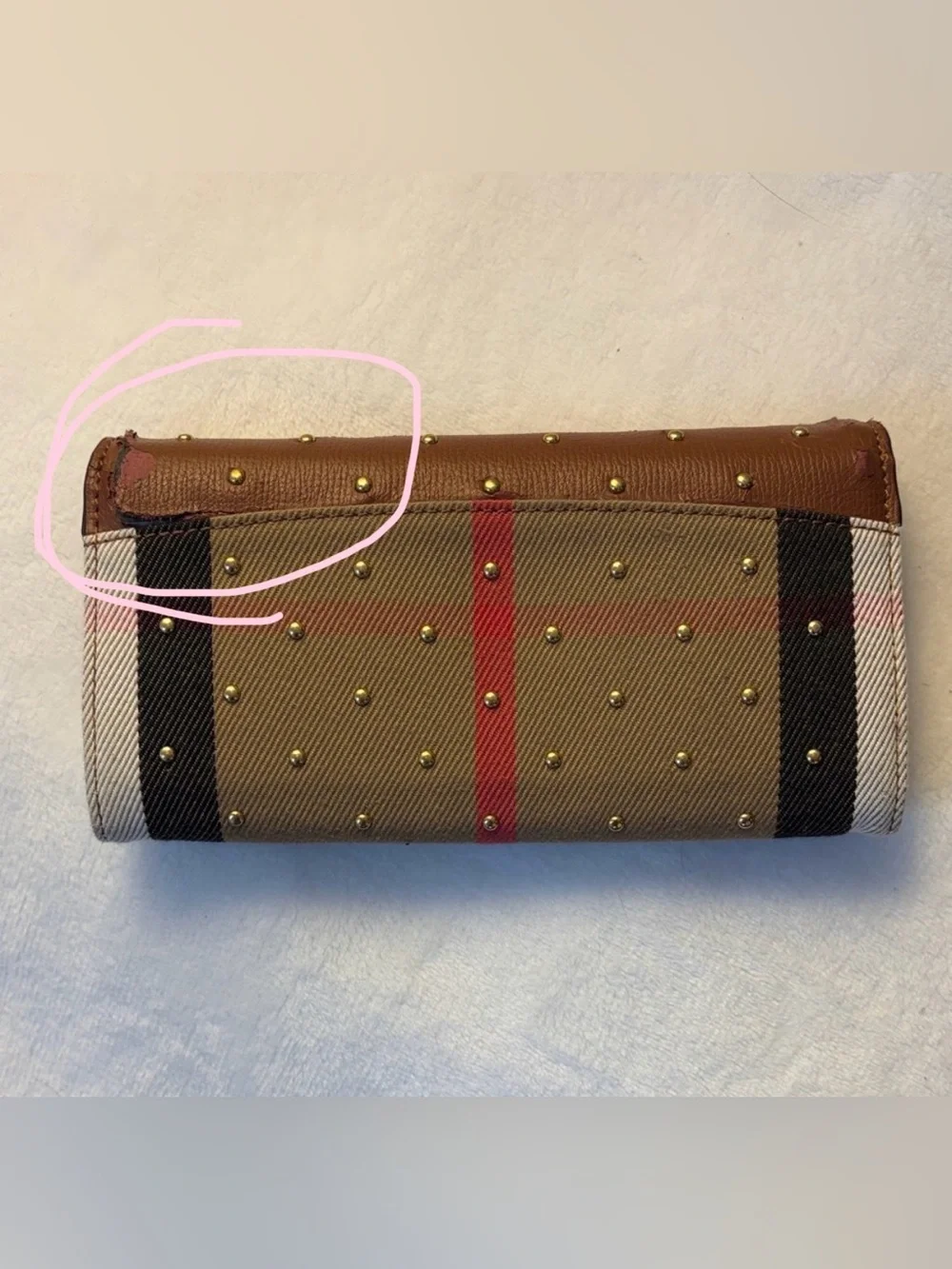 Burberry Brown Leather Studded Continental Wallet with Nova Check Trim
